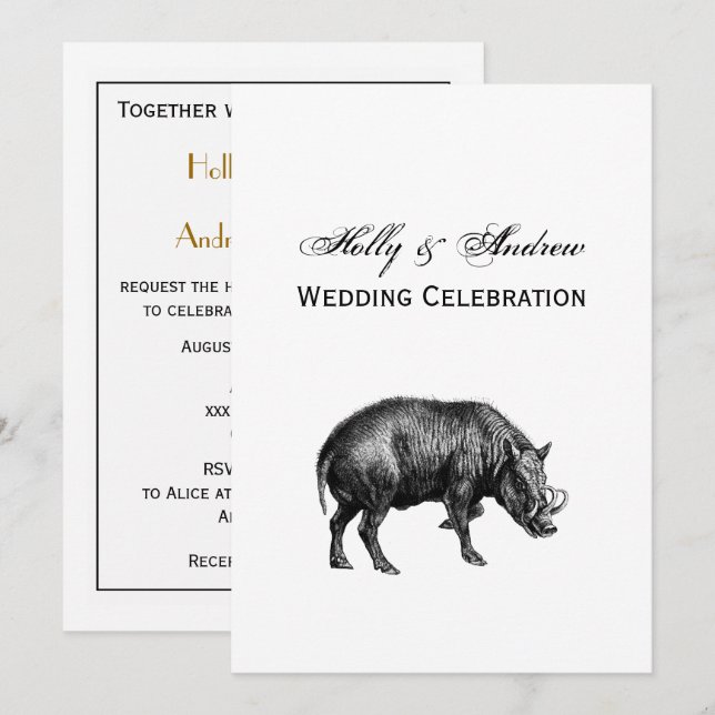 Vintage Wild Boar Drawing BW Invitation (Front/Back)