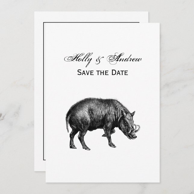 Vintage Wild Boar Drawing BW Invitation (Front/Back)