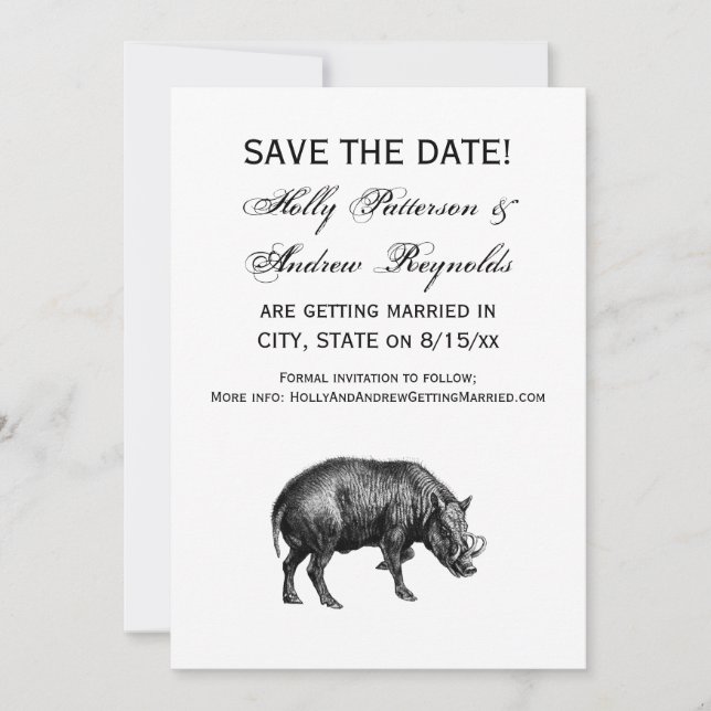 Vintage Wild Boar Drawing BW Invitation (Front)