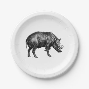 Vintage Wild Boar Drawing BW Paper Plate