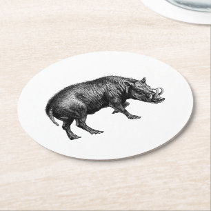 Vintage Wild Boar Drawing BW Round Paper Coaster