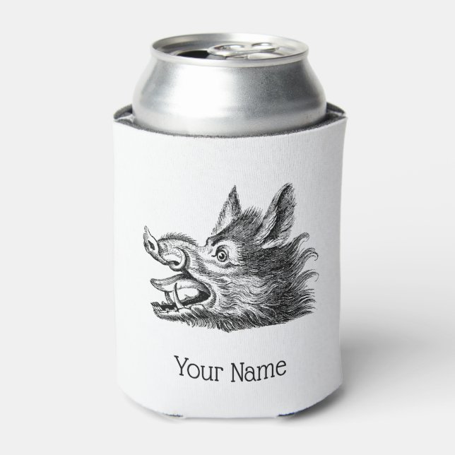 Vintage Wild Boar Head Drawing BW Can Cooler (Can Front)