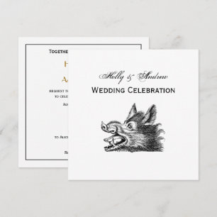 Vintage Wild Boar Head Drawing BW Invitation