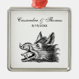 Vintage Wild Boar Head Drawing BW Metal Ornament