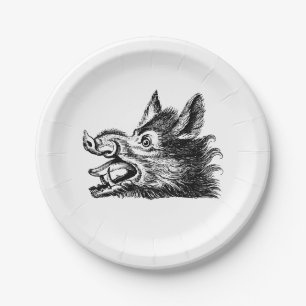 Vintage Wild Boar Head Drawing BW Paper Plate