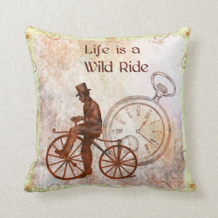 Vintage Wild Ride Steampunk Bicycle Collage Cushion