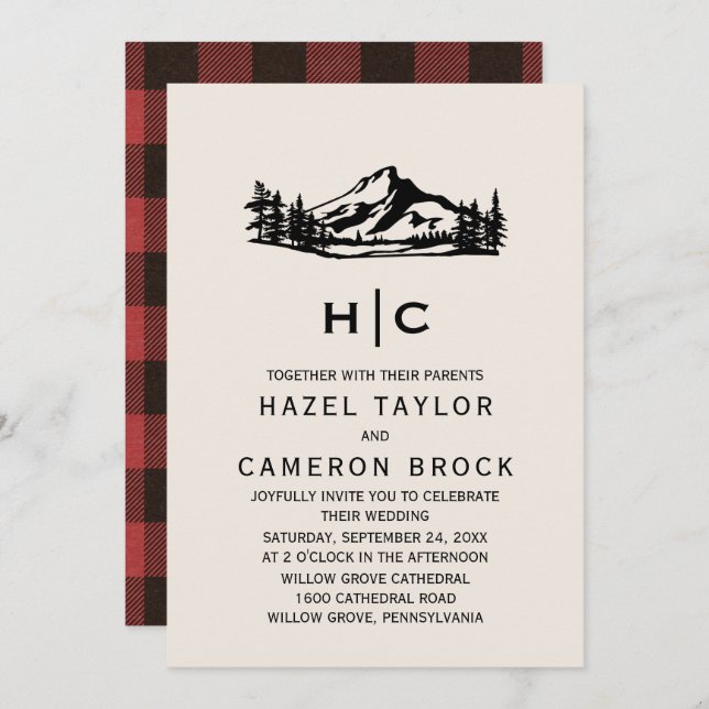 Vintage Wilderness Buffalo Plaid Monogram Wedding Invitation (Front/Back)