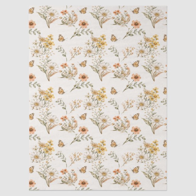 Vintage Wildflower and Butterfly Seamless Pattern  Tissue Paper (Front)