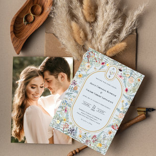 Vintage Wildflower Blue Wedding Monogram Photo Invitation