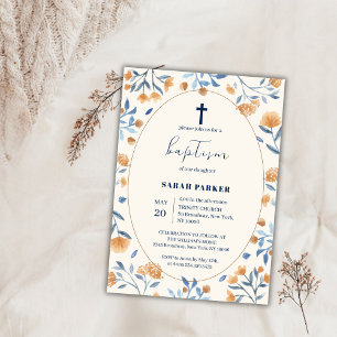 Vintage Wildflower Boho Frame Cross Baptism  Invitation