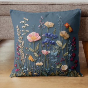 Vintage Wildflower Botanical Faux Embroidery Cushion