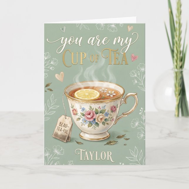 vintage Wildflower Cup of Tea greenery Holiday Card (Front)