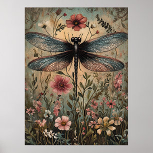 Vintage Wildflower Dragonfly Floral Cottagecore Poster
