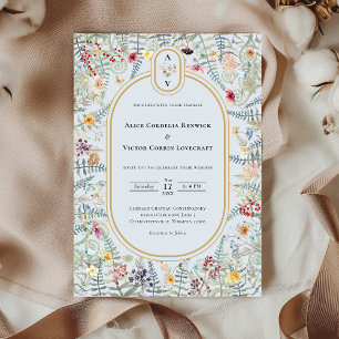 Vintage Wildflower Dusty Blue Wedding Monogram Invitation