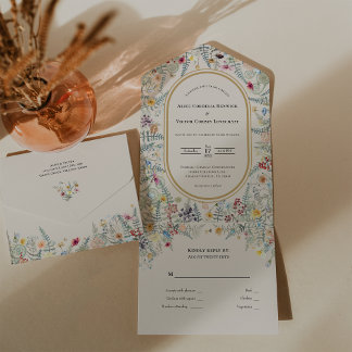 Vintage Wildflower Fern Beige Wedding All In One Invitation
