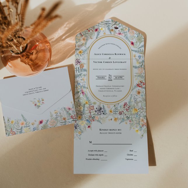 Vintage Wildflower Fern Dusty Blue Wedding All In One Invitation (Creator Uploaded)