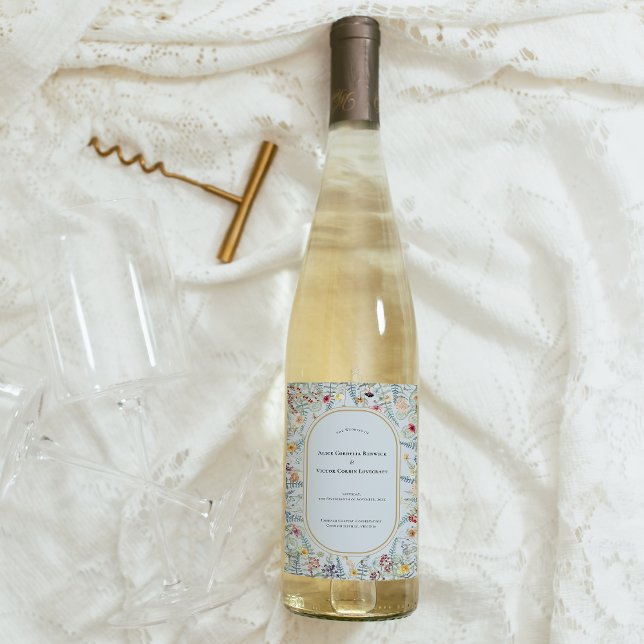 Vintage Wildflower Fern Dusty Blue Wedding Wine Label (Creator Uploaded)