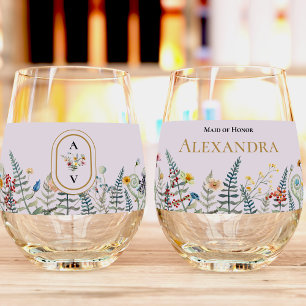 Vintage Wildflower Fern Lavender Bridal Party Stemless Wine Glass