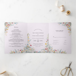 Vintage Wildflower Fern Lavender Wedding Tri-Fold Invitation