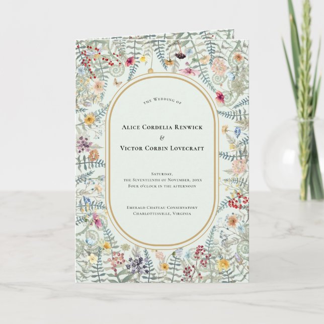 Vintage Wildflower Fern Mint Green Wedding Folded Program (Front)