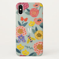 Vintage Wildflower Foliage Bees Pattern Monogram