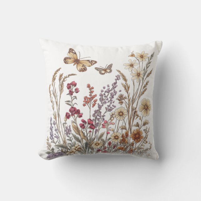 Vintage Wildflower Meadow with Butterflies Cushion (Front)