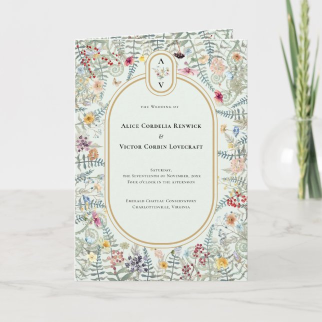 Vintage Wildflower Mint Green Wedding Monogram Program (Front)