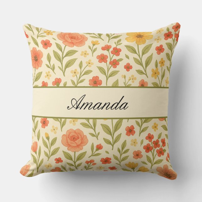 Vintage Wildflower Pattern Name Cushion (Front)
