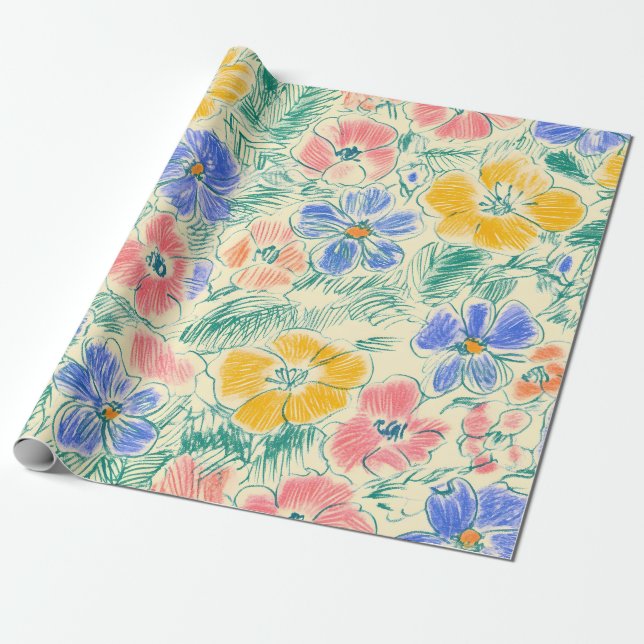 Vintage Wildflower Sketch (3) Wrapping Paper (Unrolled)