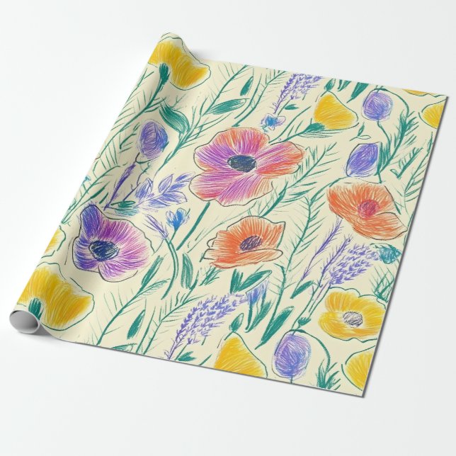 Vintage Wildflower Sketch (6) Wrapping Paper (Unrolled)