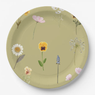 Vintage Wildflower Watercolor Collage on Sage Gree Paper Plate