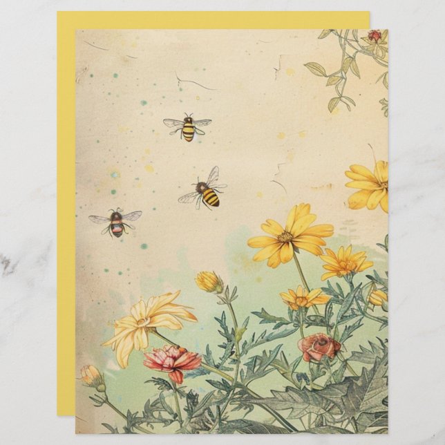 Vintage Wildflowers and Bees Scrapbook Paper (Front/Back)