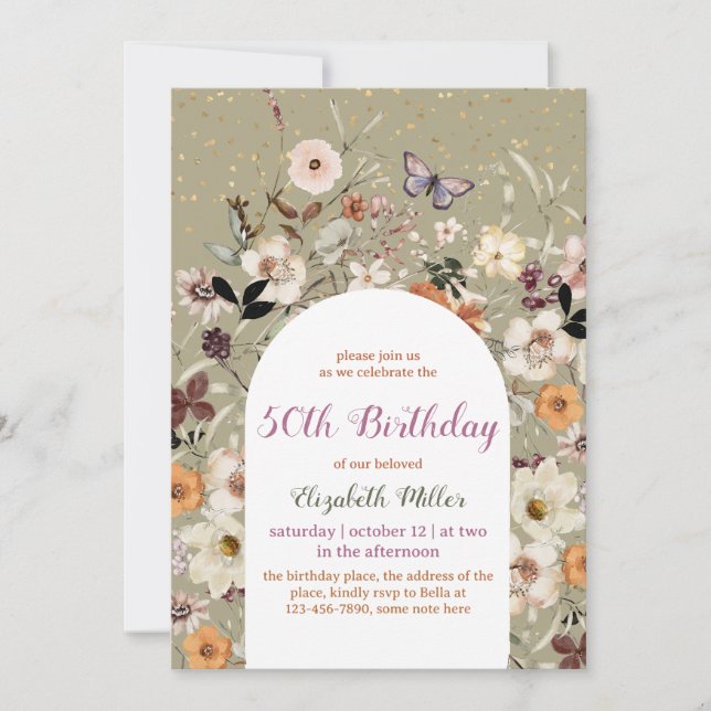 Vintage Wildflowers Botanical 50th Birthday Invitation (Front)
