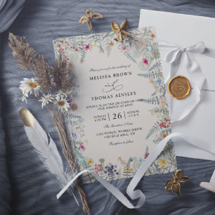 Vintage Wildflowers Fern Budget QR Code Wedding Invitation