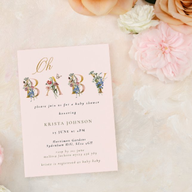 Vintage Wildflowers Gold and Blush Baby Shower Invitation (Creator Uploaded)