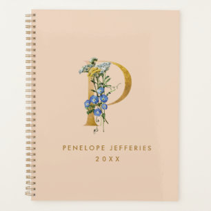 Vintage Wildflowers & Gold Monogram Letter P Planner