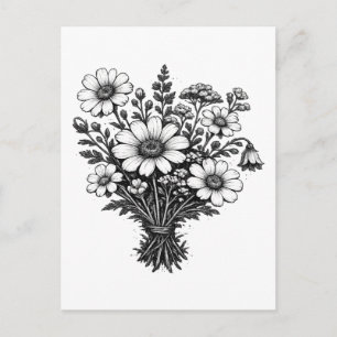 Vintage wildflowers linocut botanical floral art postcard