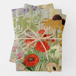 Vintage Wildflowers Nature Botanical Collage Wrapping Paper Sheet