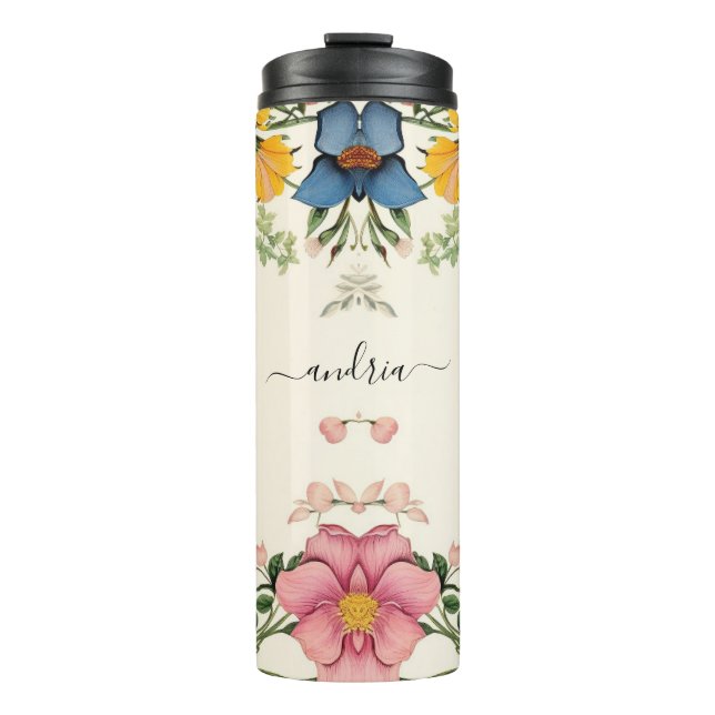 Vintage Wildflowers, Personalise Black Script Name Thermal Tumbler (Front)