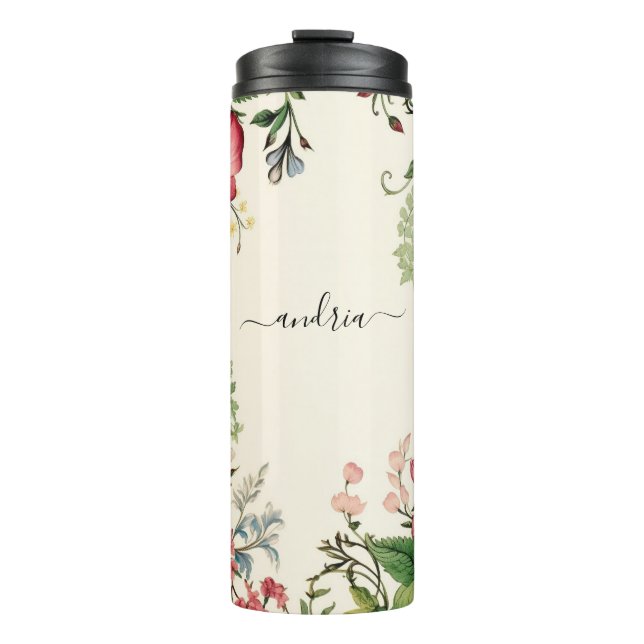 Vintage Wildflowers, Personalise Black Script Name Thermal Tumbler (Front)