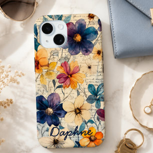 Vintage Wildflowers Purple & Orange Personalised iPhone 15 Case
