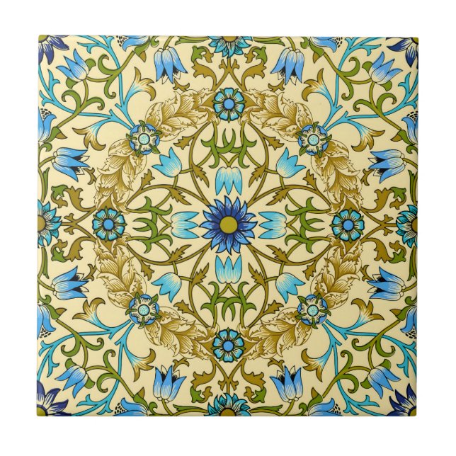 Vintage William Morris Blue Daisy Floral Pattern Ceramic Tile (Front)