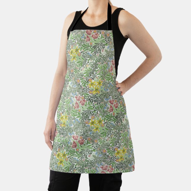 Vintage William Morris Bower Flowers Greenery Apron (Insitu)