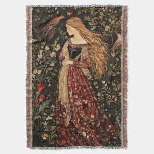 Vintage William Morris Cottage Core Medieval Woman Throw Blanket