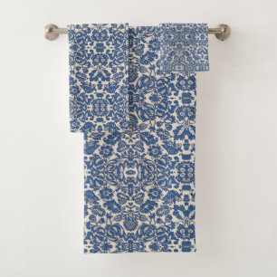 Vintage William Morris Floral Pattern Blue White Bath Towel Set