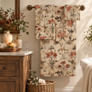 Vintage William Morris Rust Watercolor Floral Bath Towel Set