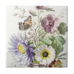Vintage William van Leen Floral Butterfly Art Ceramic Tile