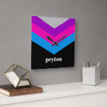 Vintage Windbreaker Colour Block Darts Custom Name Square Wall Clock<br><div class="desc">A bold, graphic design with colourful shades of black, purple, pink and blue -- with a fun colour block to add your name or any text. The stripe pattern is a trendy throwback to windbreakers from the 80s and 90s with punches of colour. You can add a name, monogram or...</div>