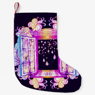 Vintage window, floral ornament: colourful. small christmas stocking
