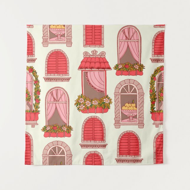 Vintage window pattern illustration tapestry (Front)